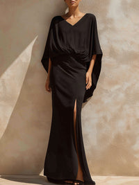 Draped Cape Sleeve Maxi Dress With Side Slit