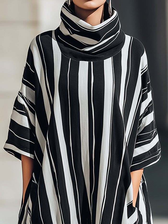 Vertical Stripe Button-Front Ribbed Knit Midi Dress