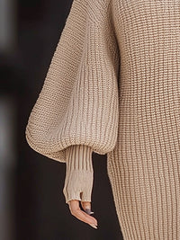 Beige High-Neck Balloon Sleeve Knitted Midi Dress