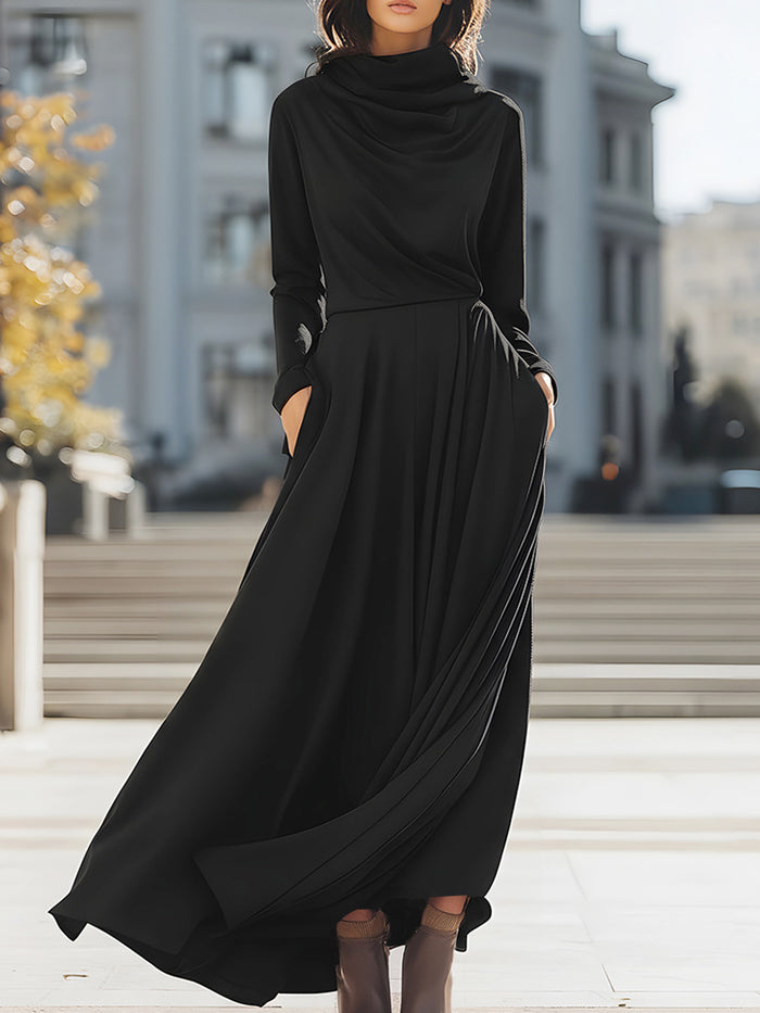 Elegant Black Draped Maxi Dress With Cowl Neck