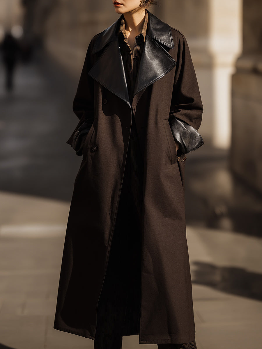 Lack Trench Coat With Faux Leather Lapel And Cuff Detail