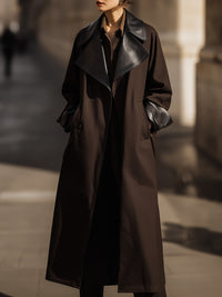 Lack Trench Coat With Faux Leather Lapel And Cuff Detail