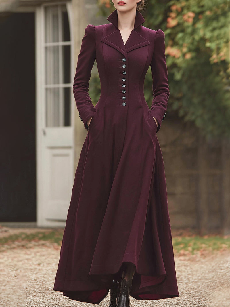 Burgundy Victorian-Inspired Tailored Maxi Coat Dress