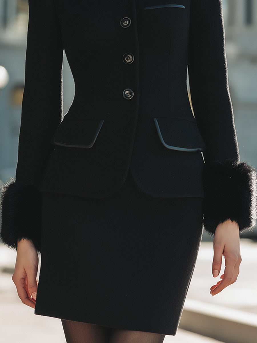 Wool Blend Blazer And Skirt Set With Faux Fur Cuffs