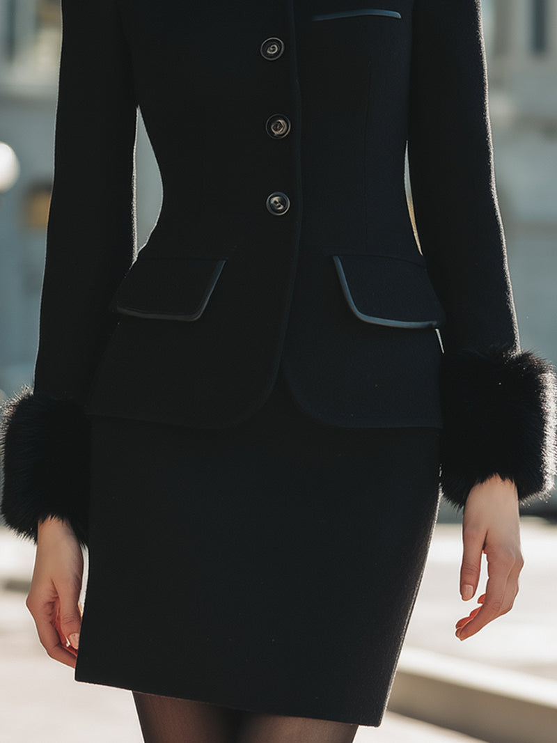 Wool Blend Blazer And Skirt Set With Faux Fur Cuffs