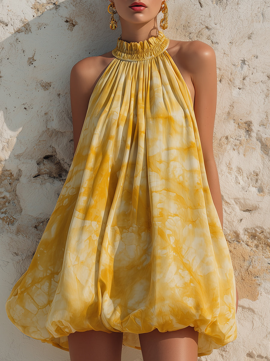 High-Neck Draped Balloon Mini Dress