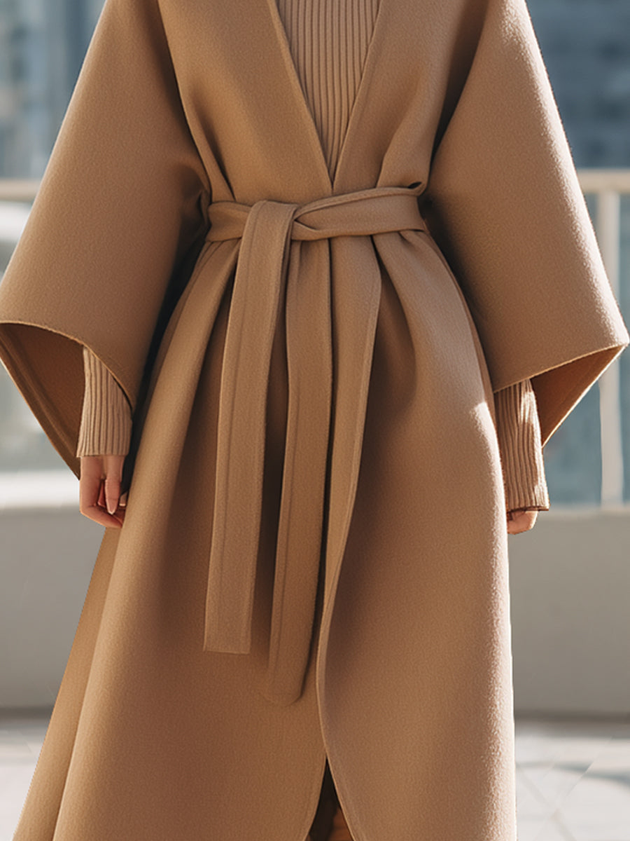 Camel Belted Kimono-Style Midi Coat