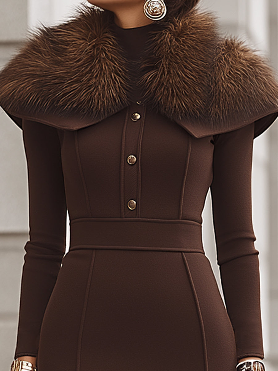Elegant Tie-up Detachable Short Cape With Faux Fur Collar Paired With A Midi Dress Set