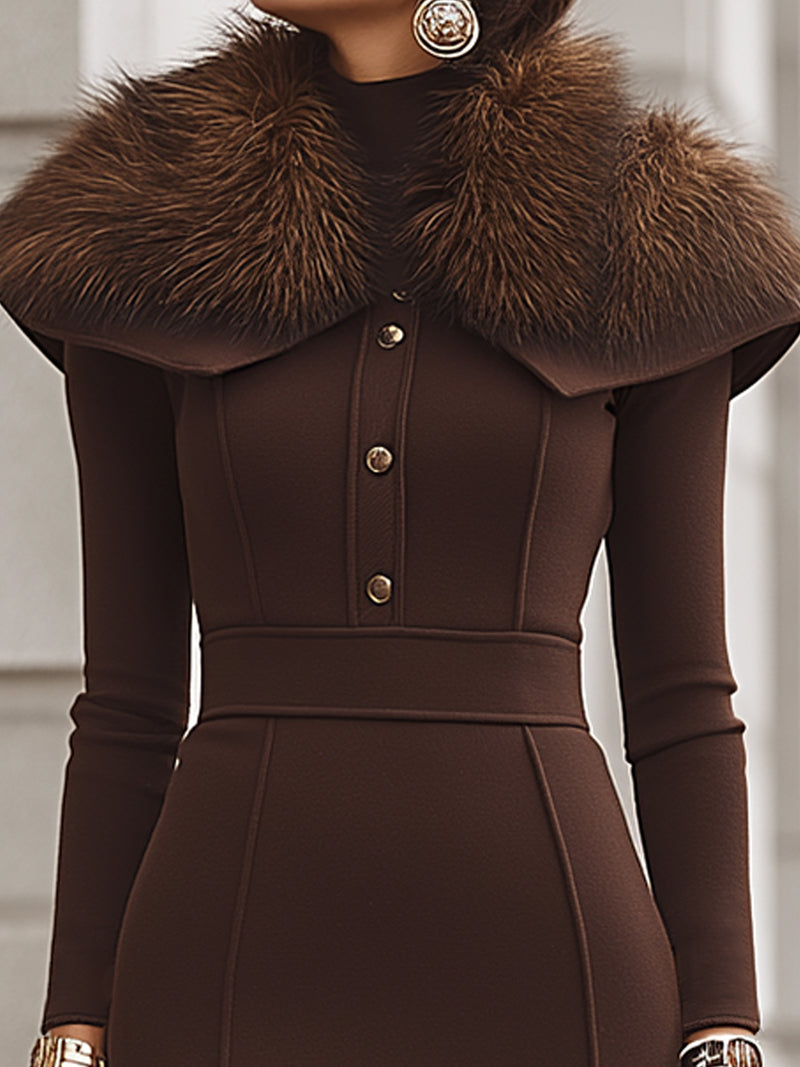 Elegant Tie-up Detachable Short Cape With Faux Fur Collar Paired With A Midi Dress Set
