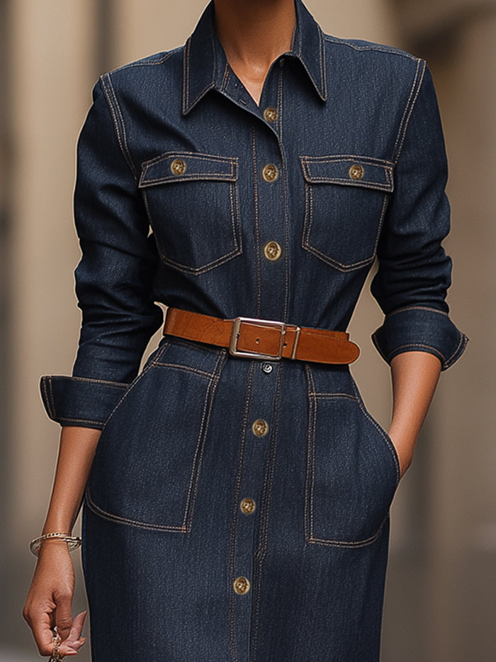 Structured Denim Shirt Dress With Waist Belt
