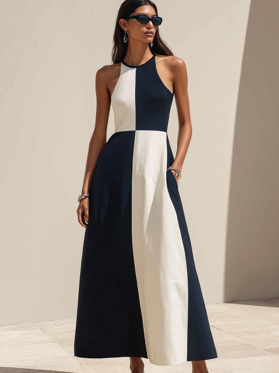 Colorblock Halter Neckline A-Line Maxi Dress