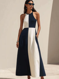 Colorblock Halter Neckline A-Line Maxi Dress