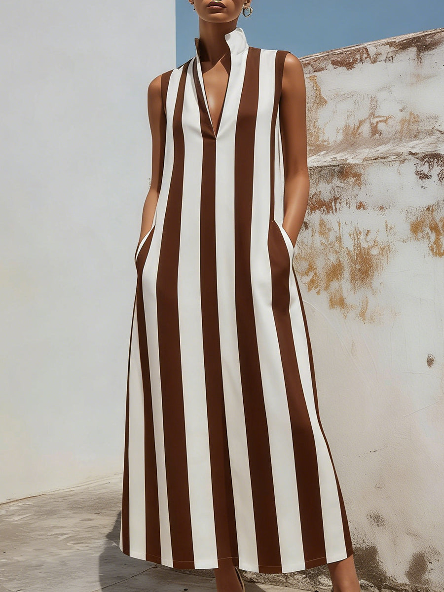 Women’s Sleeveless Stand Collar V-Neck Vertical Stripe Midi Dress With Pockets
