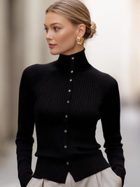 Black Ribbed Knit Button-Front Top