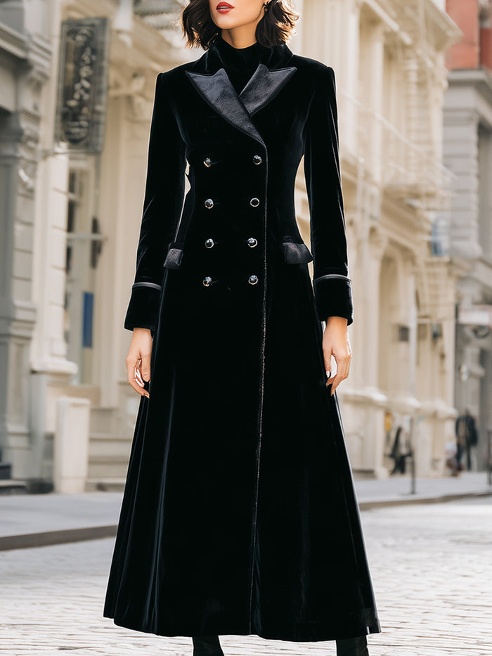 Velvet Double-Breasted Long Coat