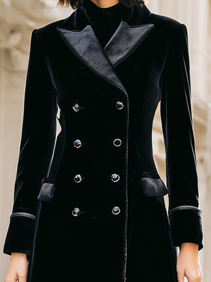 Velvet Double-Breasted Long Coat