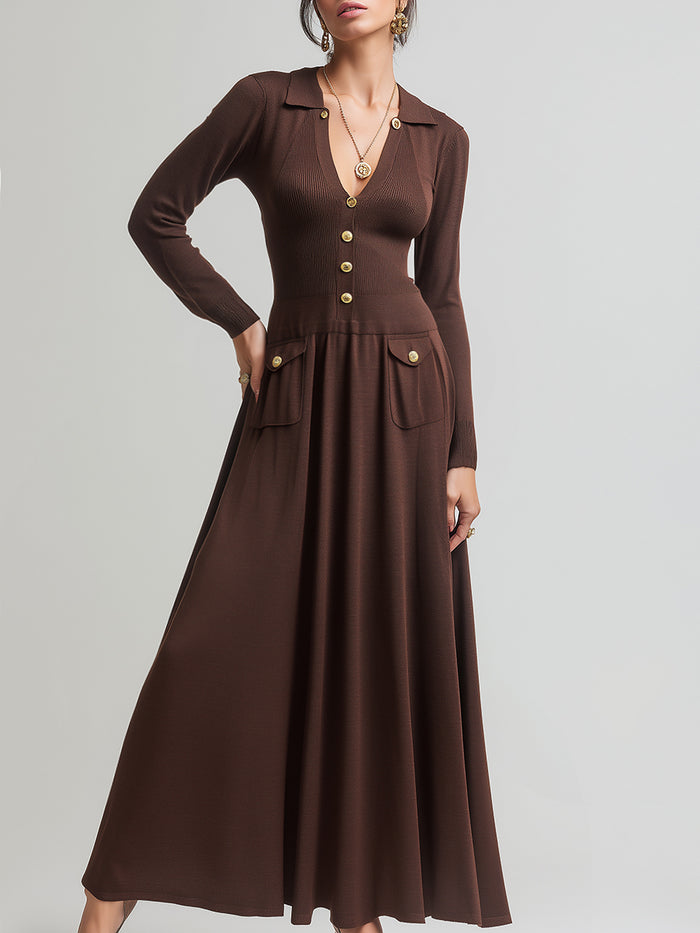 Knit Collared Button-Front Maxi Dress