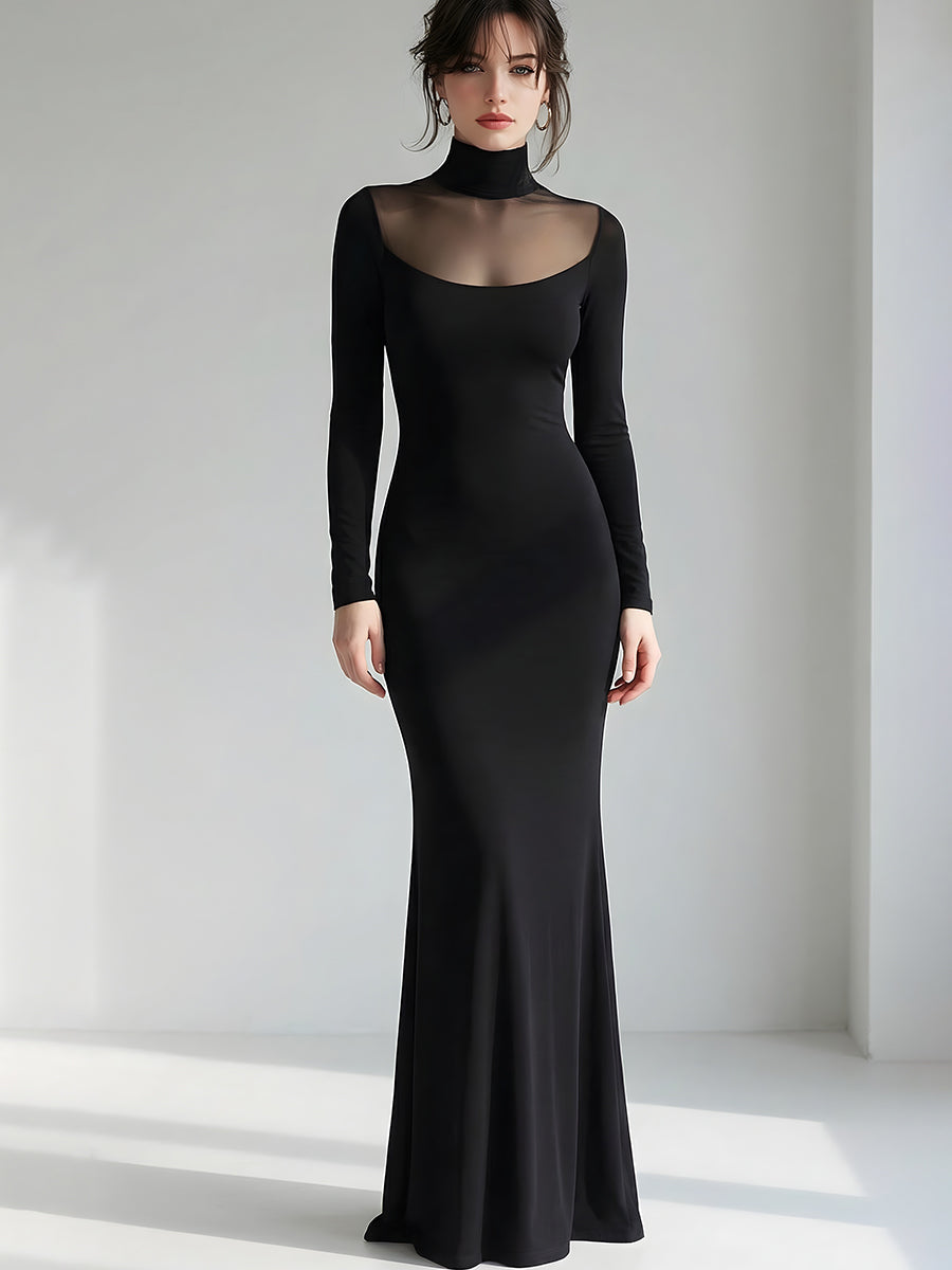 Black Sheer-Panel High-Neck Long Sleeve Evening Gown