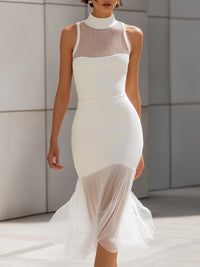 Mesh-Panel Mermaid Midi Dress With Pleated Hem