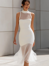 Mesh-Panel Mermaid Midi Dress With Pleated Hem