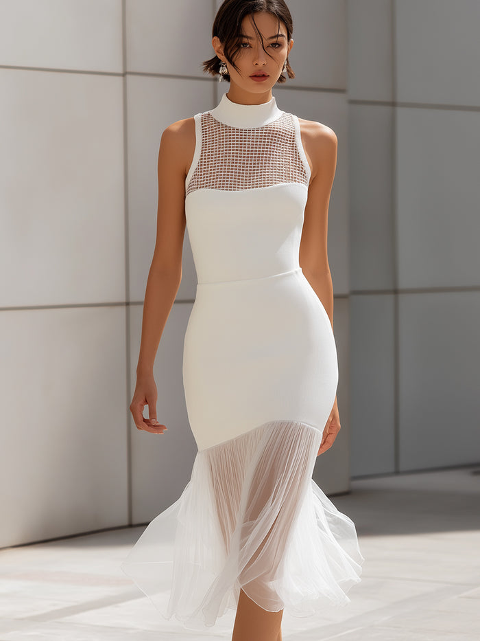 Mesh-Panel Mermaid Midi Dress With Pleated Hem