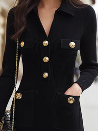 Ribbed Knit Button-Down Dress With Gold Accents