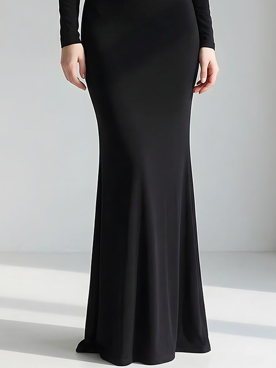 Black Sheer-Panel High-Neck Long Sleeve Evening Gown