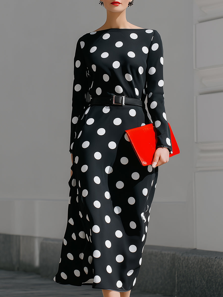 Black Polka Dot Long Sleeve Belted Midi Dress
