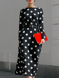 Black Polka Dot Long Sleeve Belted Midi Dress