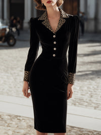 Black Velvet Pencil Dress With Leopard Trim