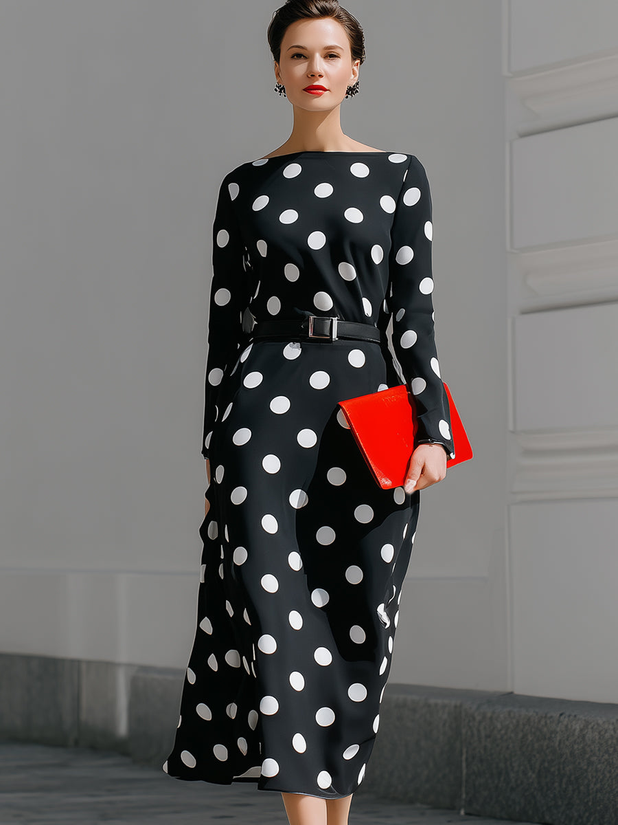 Black Polka Dot Long Sleeve Belted Midi Dress