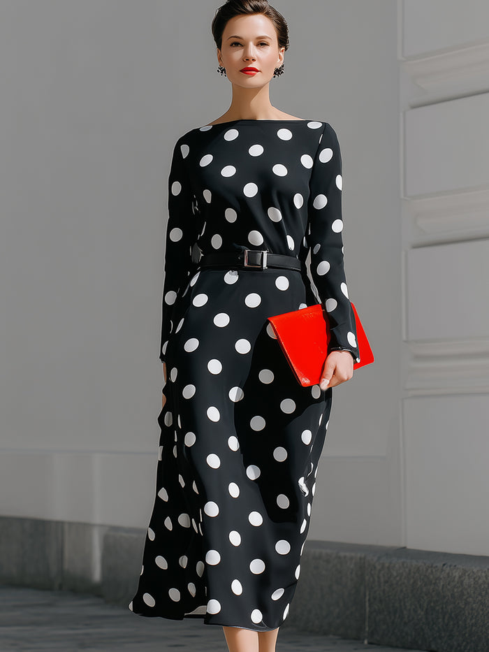 Black Polka Dot Long Sleeve Belted Midi Dress