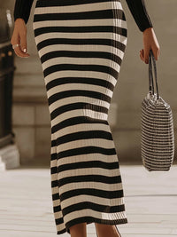 Black And White Halter Neck Striped Ribbed Knit Maxi Dress