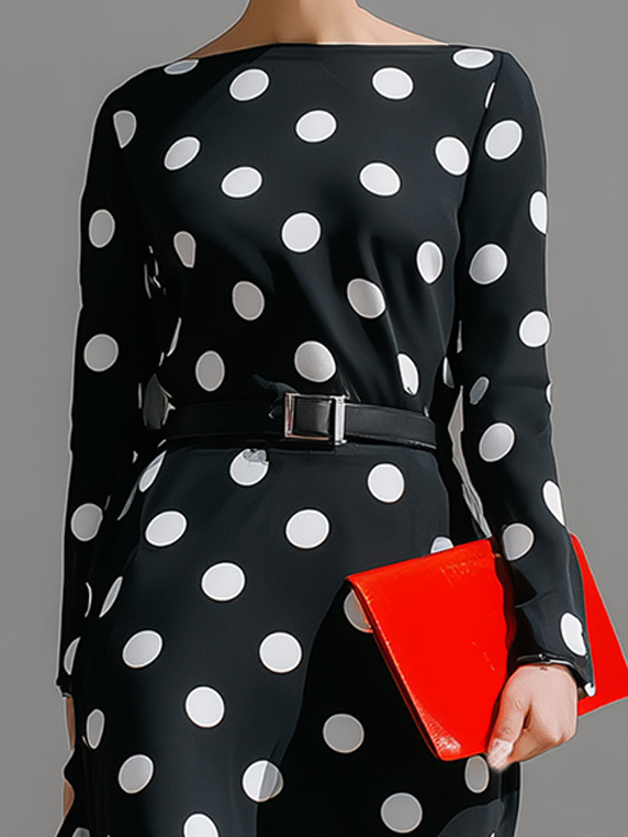 Black Polka Dot Long Sleeve Belted Midi Dress