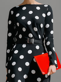 Black Polka Dot Long Sleeve Belted Midi Dress