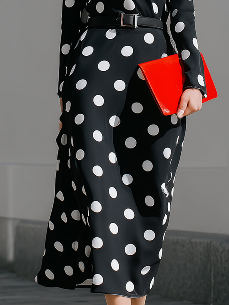 Black Polka Dot Long Sleeve Belted Midi Dress