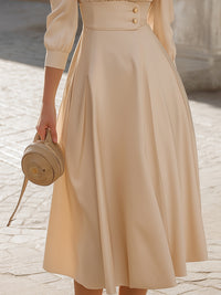 Vintage-Inspired A-Line Midi Dress With Wide Waistband