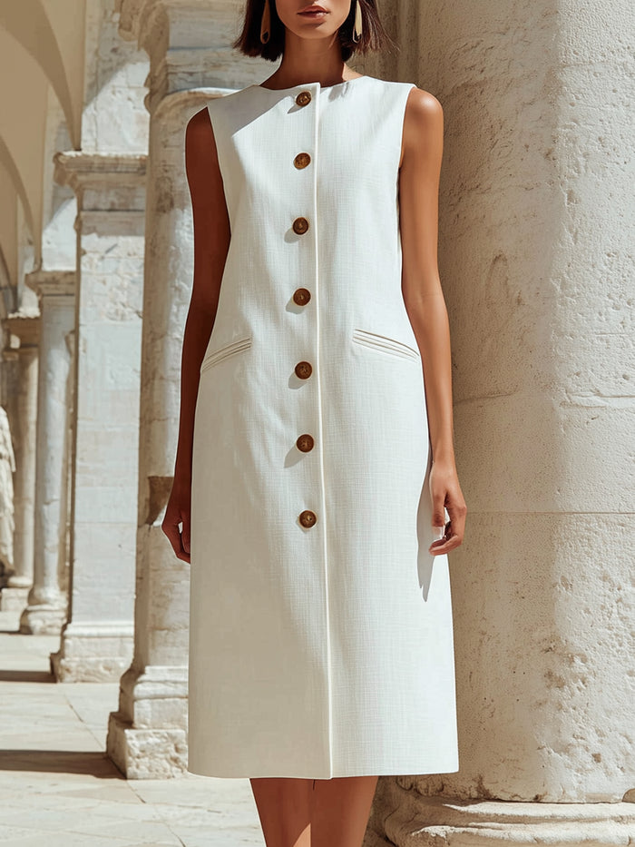 Sleeveless Button-Front Tailored Midi Dress