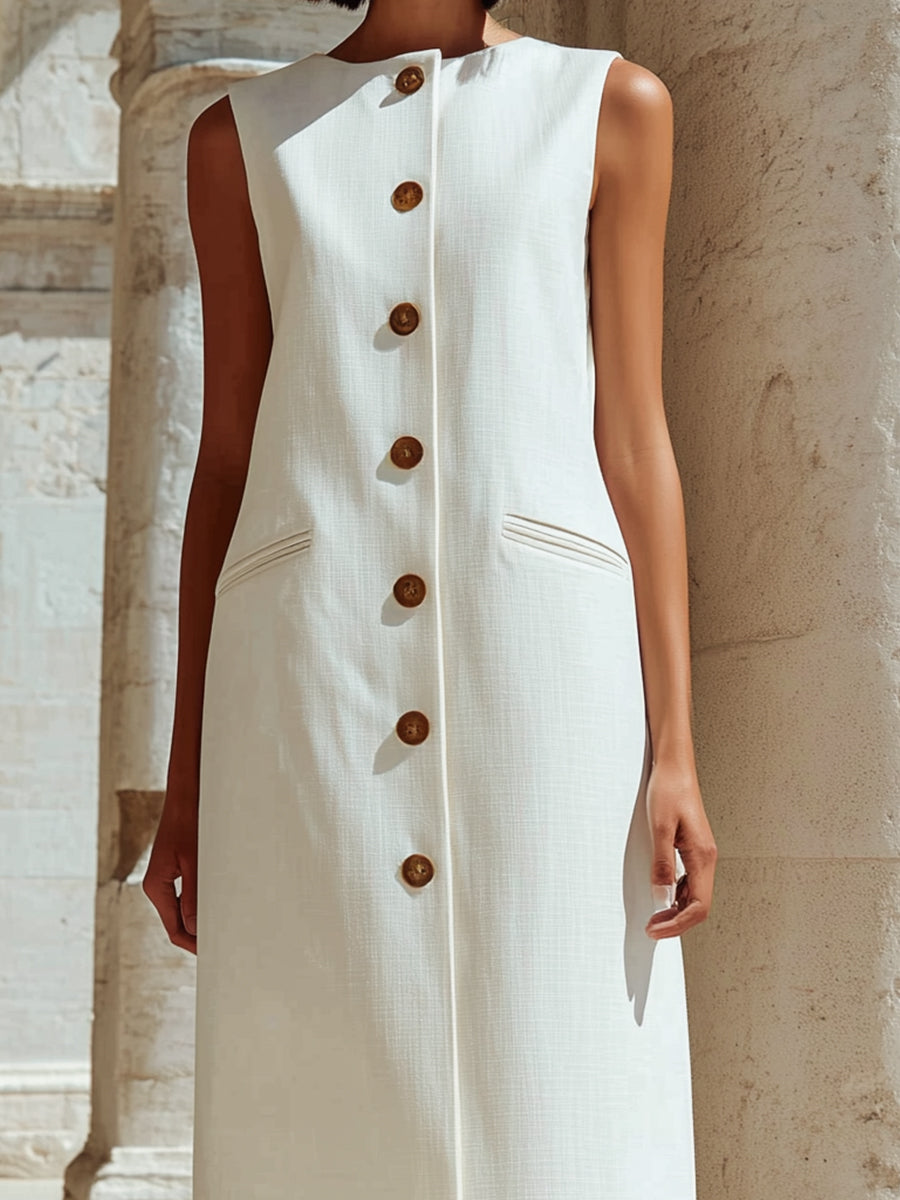 Sleeveless Button-Front Tailored Midi Dress