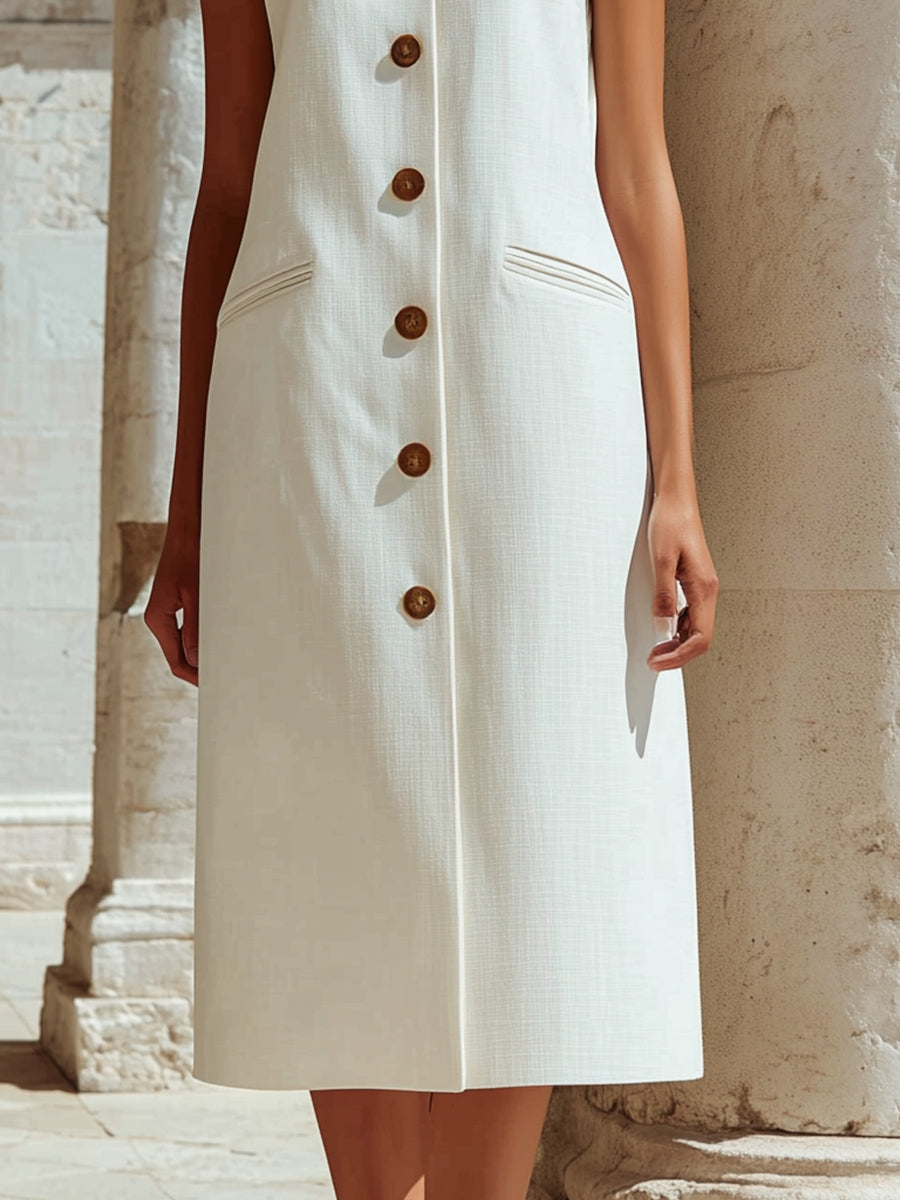 Sleeveless Button-Front Tailored Midi Dress