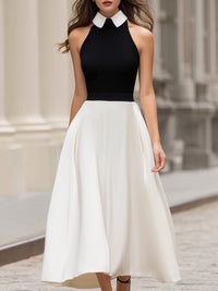 Contrast Collar Halter Bodice Full A-Line Midi Dress