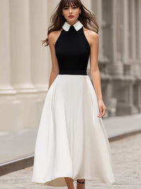 Contrast Collar Halter Bodice Full A-Line Midi Dress