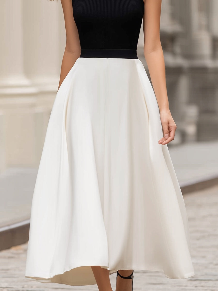 Contrast Collar Halter Bodice Full A-Line Midi Dress