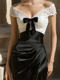 Polka Dot Off-Shoulder Contrast Waist Midi Dress