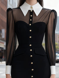 Sheer-Sleeve Button-Front Midi Dress With White Collar