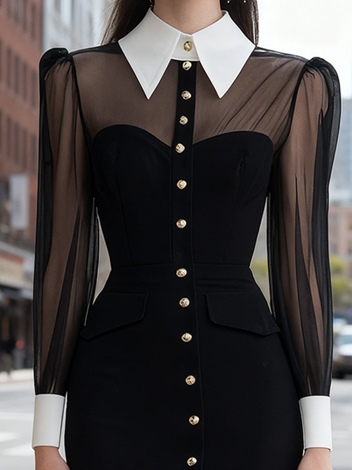 Sheer-Sleeve Button-Front Midi Dress With White Collar