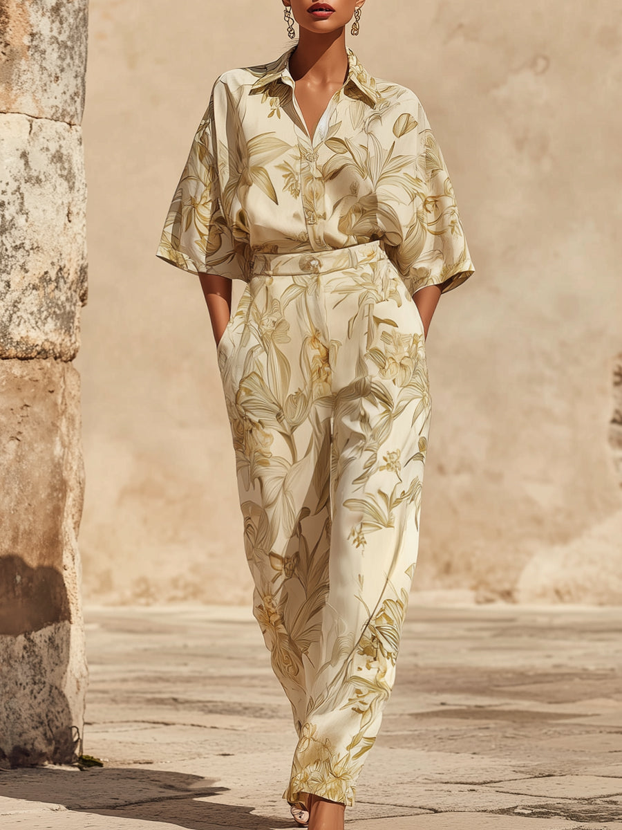 Women’s Botanical Print Two-Piece Set – Relaxed Fit Shirt & High-Waist Pants Set