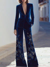 Midnight Blue Velvet Embroidered Blazer Suit