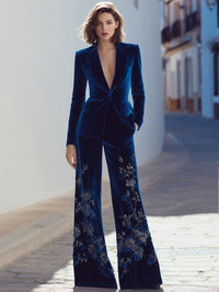 Midnight Blue Velvet Embroidered Blazer Suit