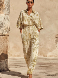 Women’s Botanical Print Two-Piece Set – Relaxed Fit Shirt & High-Waist Pants Set